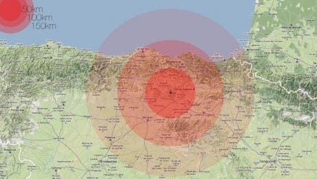 Central Nuclear de Santa María de Garoña, radio de acción 50km 100km 150km