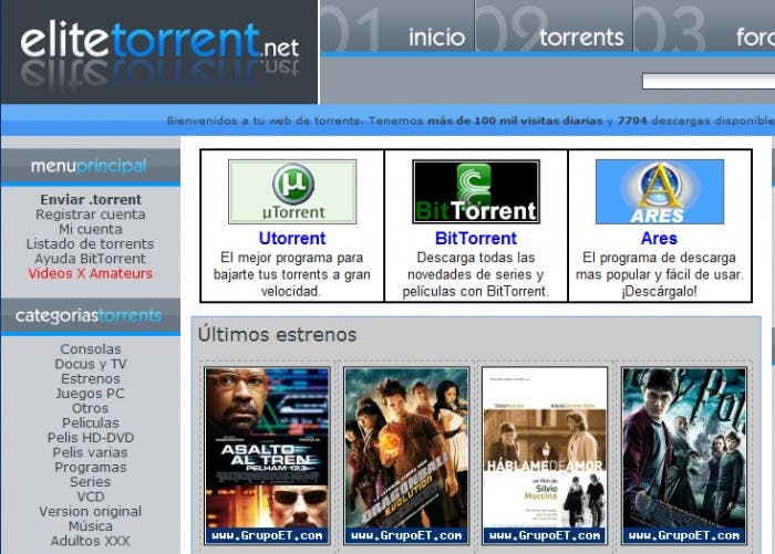 Captura de la página principal de EliteTorrent