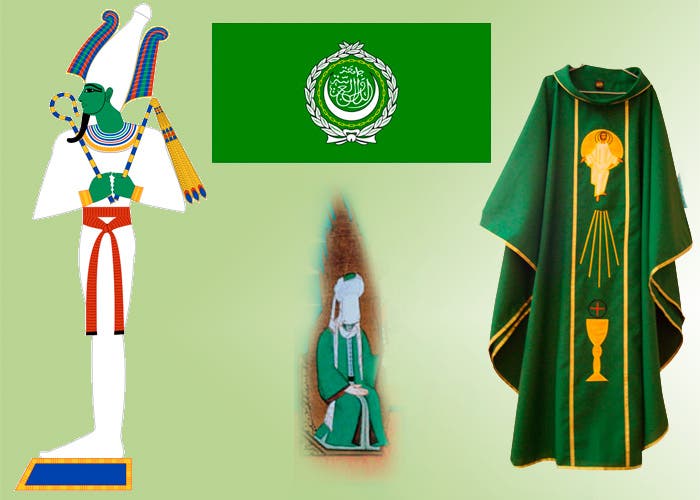 Diferentes elementos relacionados con la religión de color verde.