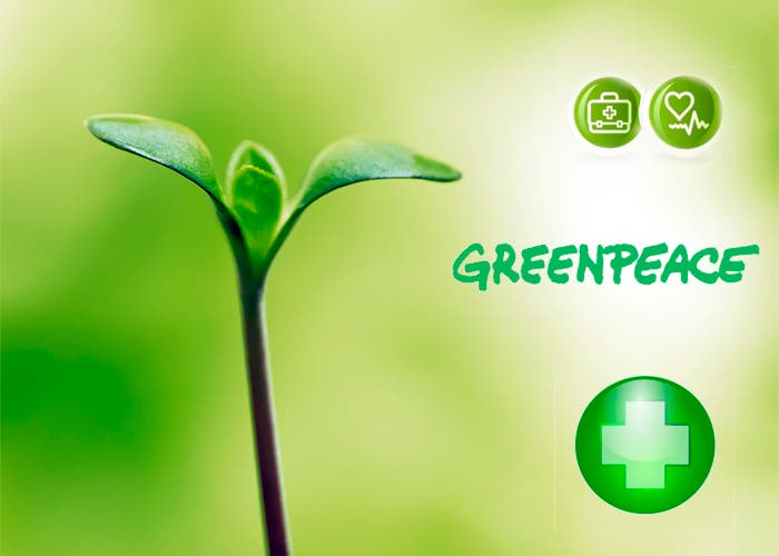 Elementos verdes: brote, logotipo greenpeace,cruz de farmacia y símbolo de salud