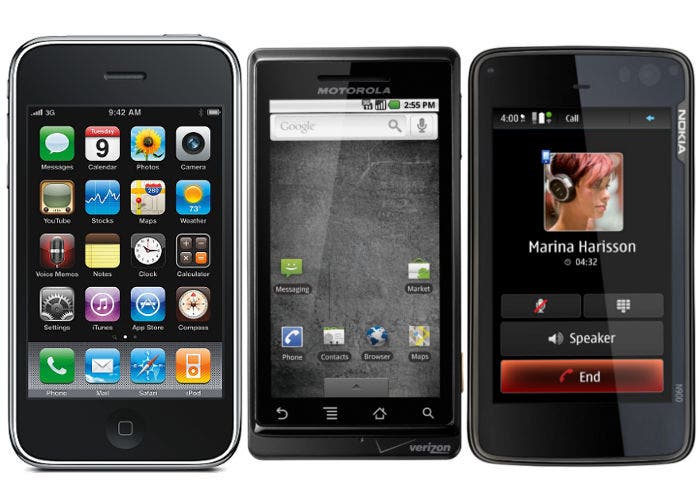 Imagen de un iPhone de Apple, un Nokia N900 y un Motorola Droid