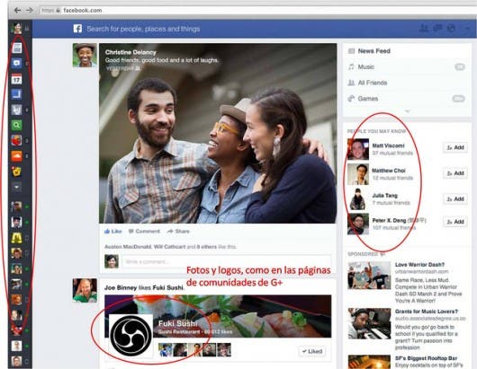 Comparación nueva interfaz Facebook con Google+