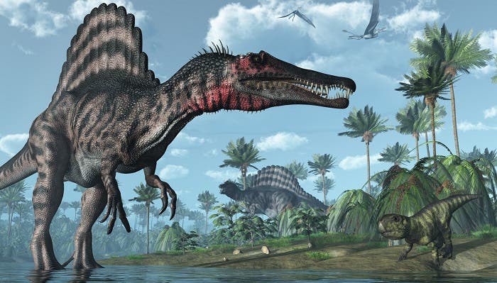 Prehistoric scene with Spinosaurus and Psittacosaurus Dinosaurs